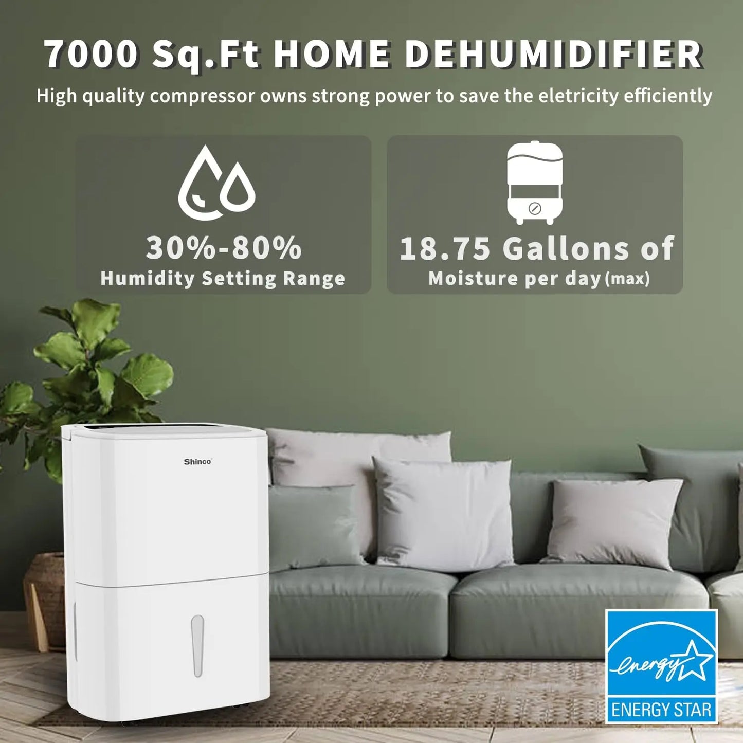 Shinco 150 Pints Energy Star Dehumidifier with WIFI for Large Spaces up to 7000 Sq Ft Built in Pump 1.85 Gallon Water Tank