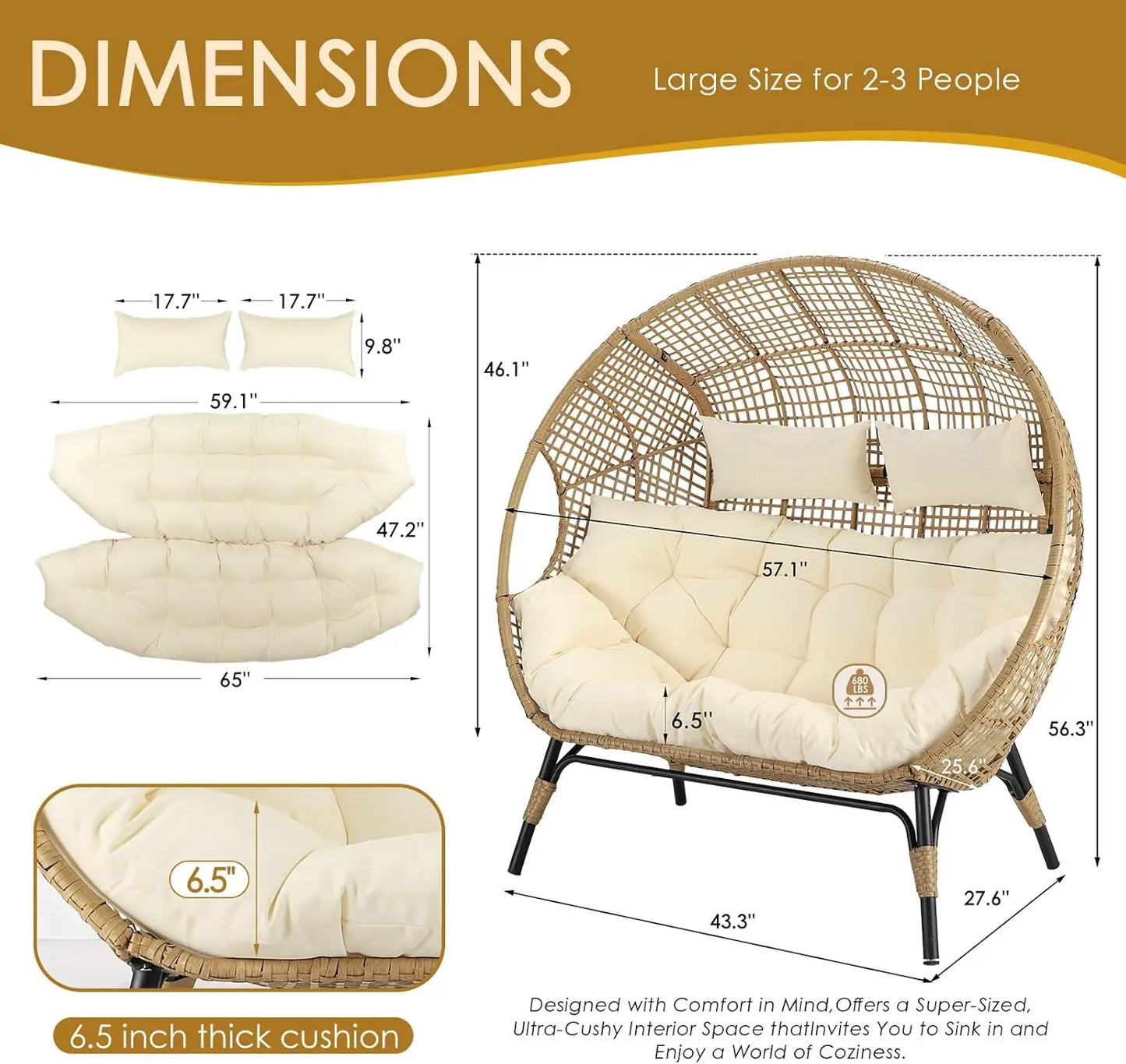 XMSJ Double Egg Chair Indoor Outdoor Loveseat for Two