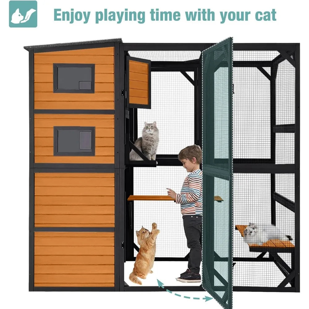 Color Outdoor Cat House Four Tier Wooden Catio Shelter