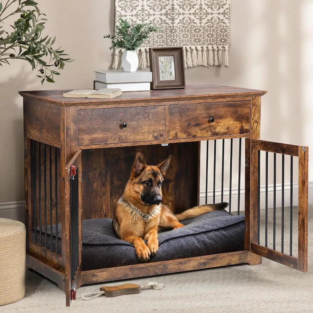 HuanZhuang Wooden Large Dog Crate End Table with Storage