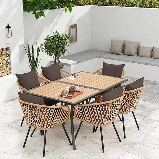 7 Piece All Weather Rattan Outdoor Dining Set Cushions