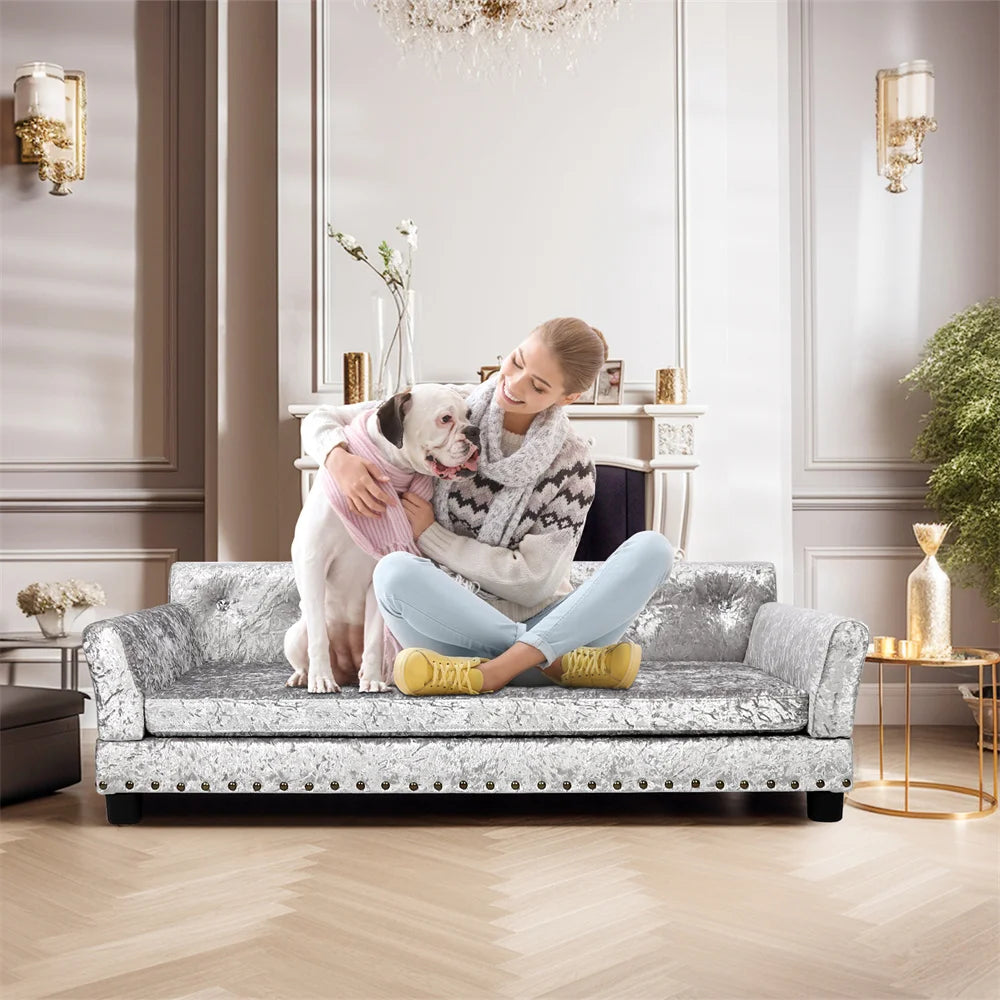 Borwart Luxury Velvet Tufted Dog Sofa Bed Upholstered