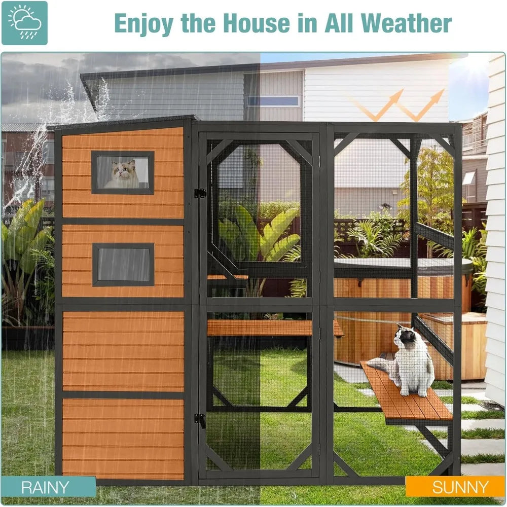 Color Outdoor Cat House Four Tier Wooden Catio Shelter