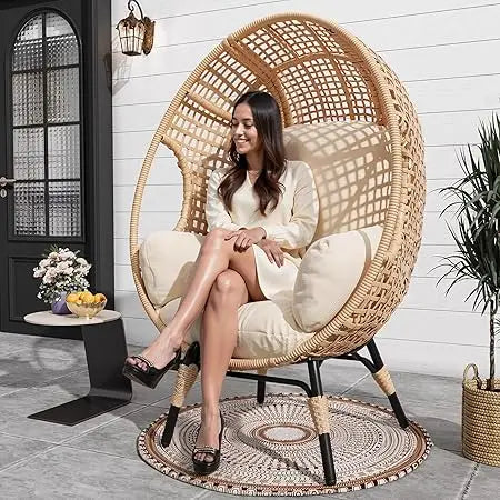 Outdoor Egg Chair Wicker Basket Lounger with Cushion
