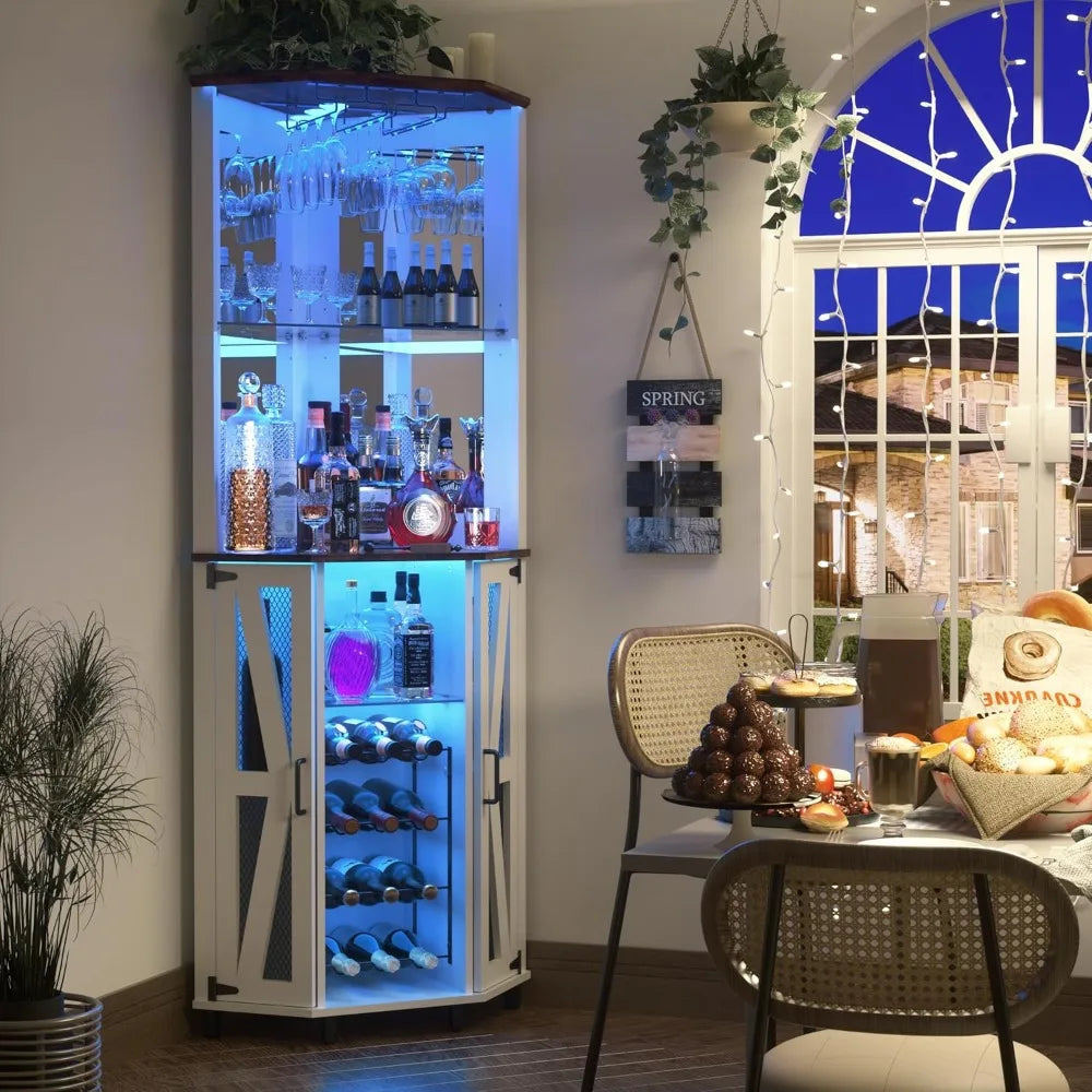 ZHUOTING Corner Bar Cabinet LED Light Mirror Antique