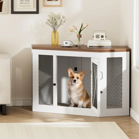 GUANGBAI Corner Dog Crate End Table With Mesh Kennel