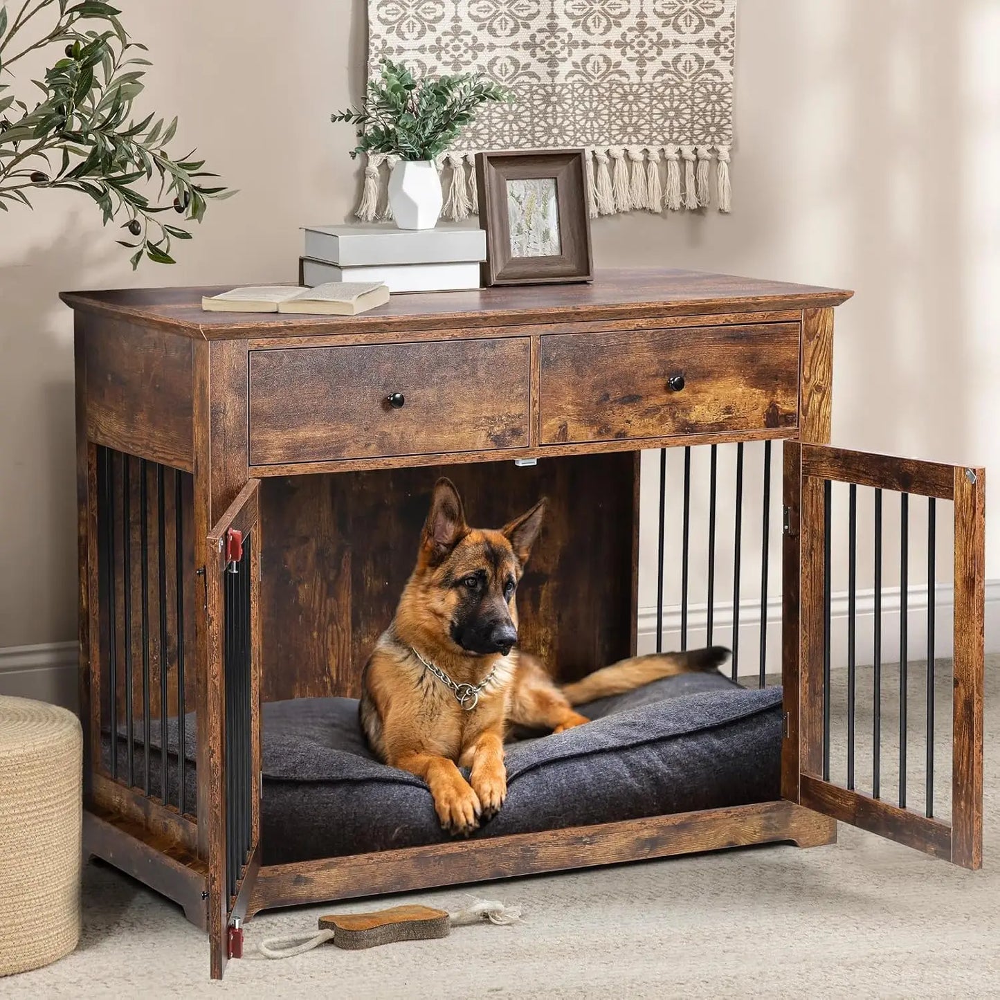 HuanZhuang Wooden Large Dog Crate End Table with Storage