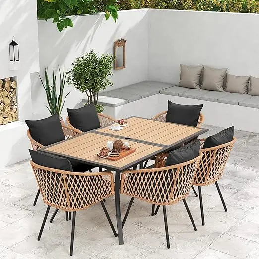7 Piece All Weather Rattan Outdoor Dining Set Cushions