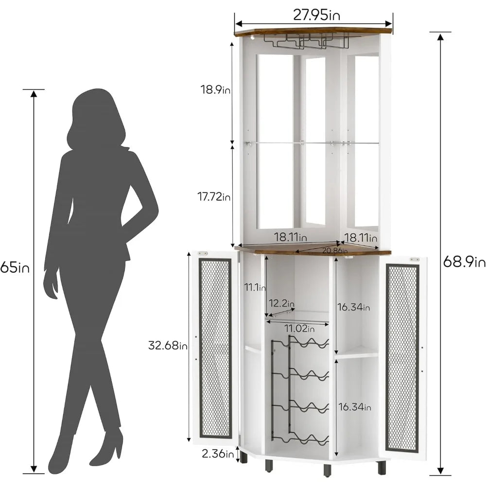 ZHUOTING Corner Bar Cabinet LED Light Mirror Antique