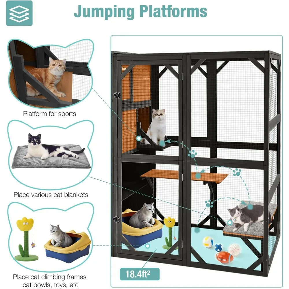 Color Outdoor Cat House Four Tier Wooden Catio Shelter