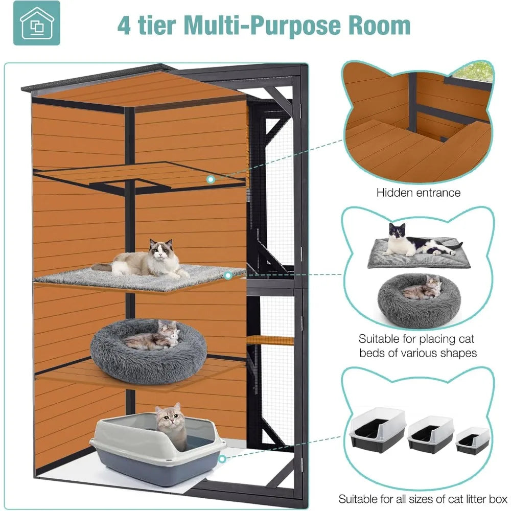 Color Outdoor Cat House Four Tier Wooden Catio Shelter